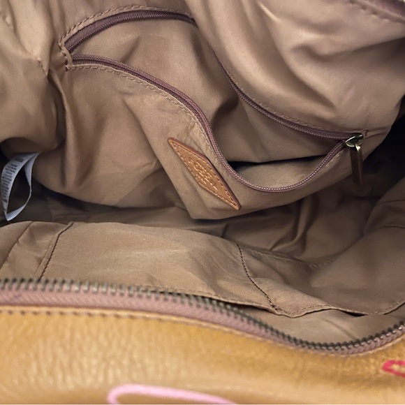 Camel leather Fossil bag. Has pink, red flowers and the word LOVE on front side. - Picture 4 of 4